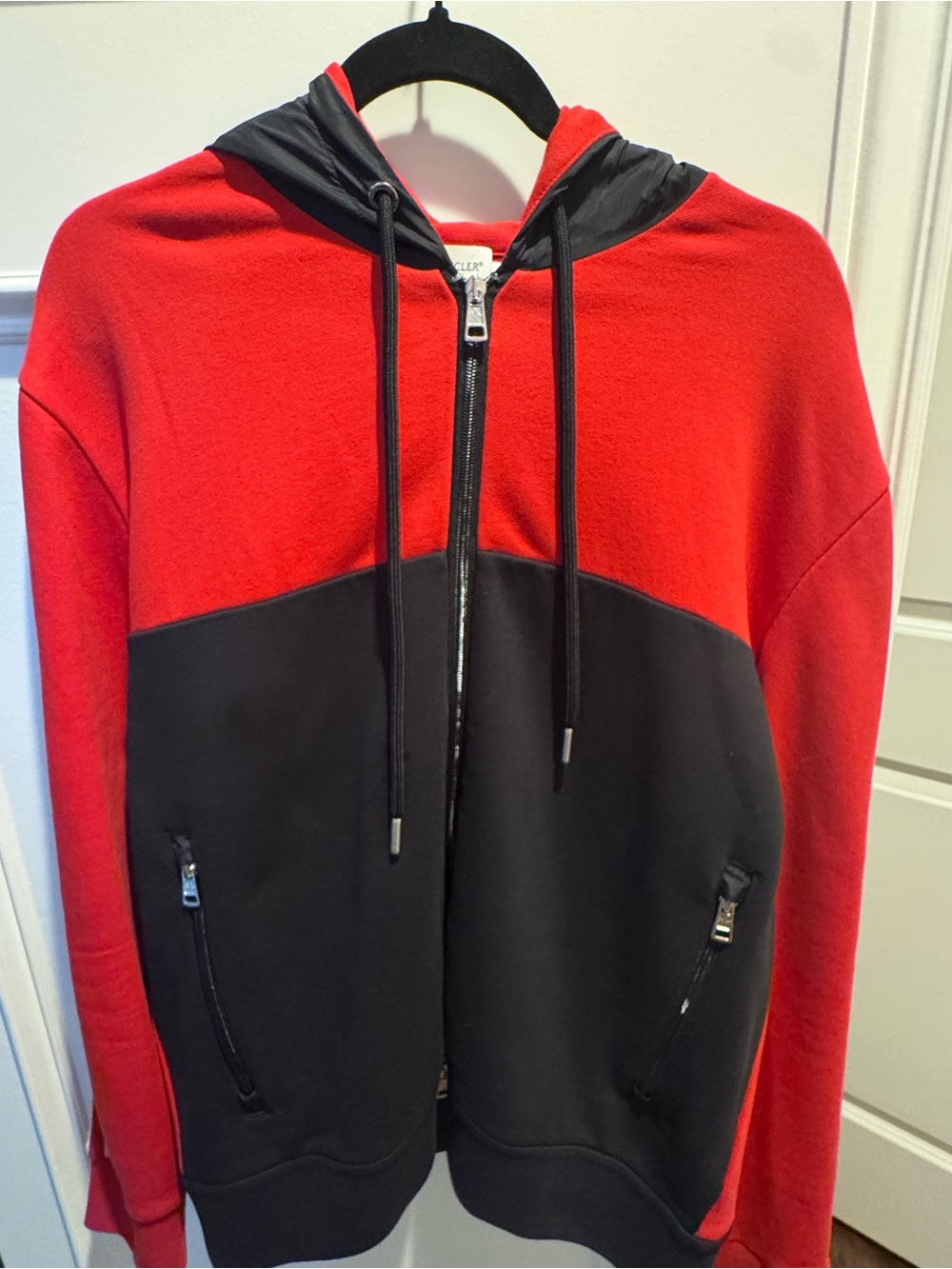 Moncler Red and Black Colorblock Zip-Up Sweater Hoodie